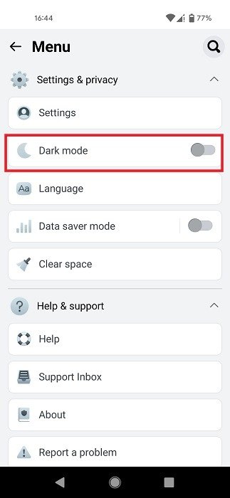 Включение «Темного режима» в приложении Facebook Lite.