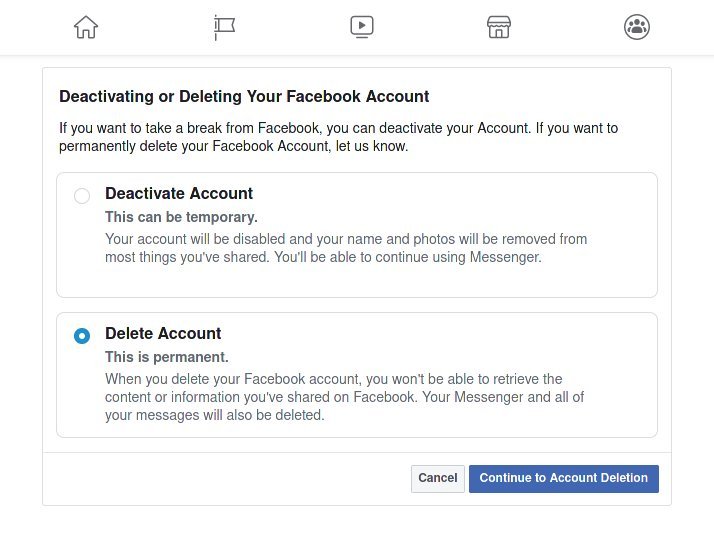 Опция удаления учетной записи Facebook