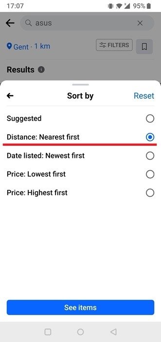 Выбор опции «Расстояние: сначала ближайшее» в Facebook Marketplace на Android.