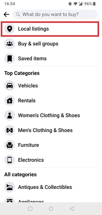 Выбор «Местные объявления» из категорий в приложении Facebook для Android.