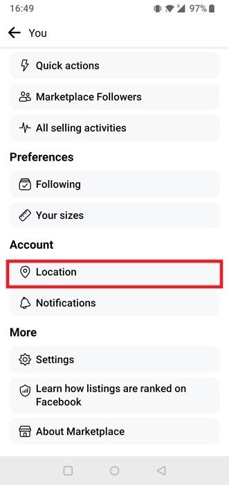 Настройка вашего местоположения из меню профиля в приложении Facebook для Android.