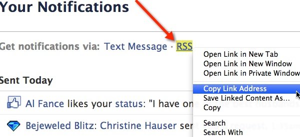 Щелкните правой кнопкой мыши ссылку RSS, чтобы скопировать ссылку RSS-канала вашего уведомления Facebook.