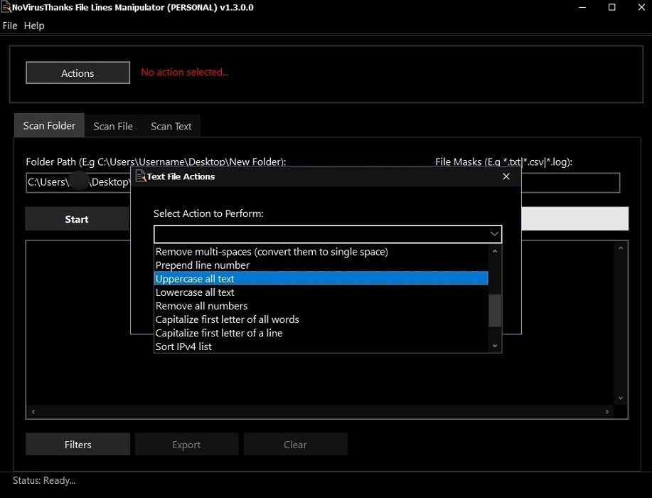 Представление «Действия» в утилите File Lines Manipulator.