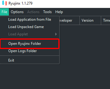 Выбор опции «Открыть папку Ryujinx»