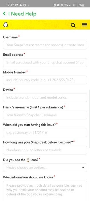 Полный просмотр формы в приложении Snapchat.