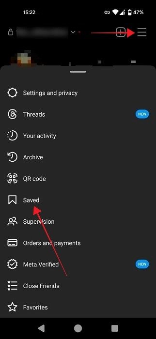 Переход в папку «Сохраненные» в приложении Instagram для Android.