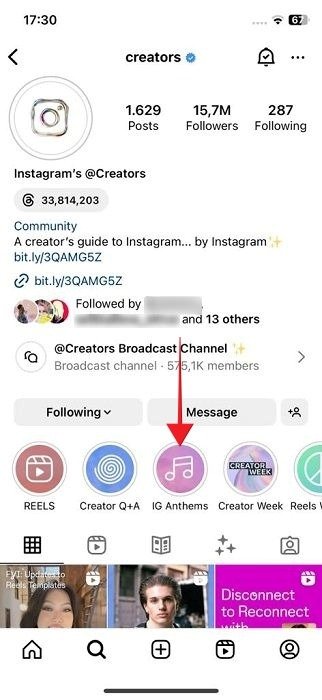 Нажмите на значок «IG Anthems» в аккаунте Instagram Creators.