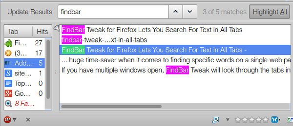 Используйте FindBar Tweak для поиска текста во всех вкладках и окнах Firefox.