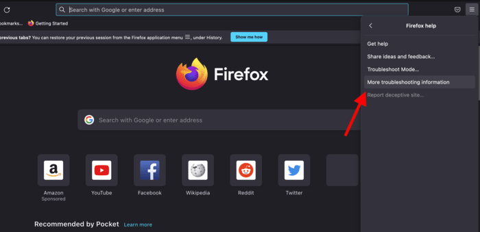 Выбор «Дополнительной информации по устранению неполадок» в меню настроек Firefox.