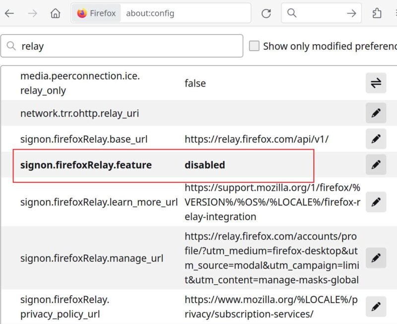 Firefox Relay об опции конфигурации