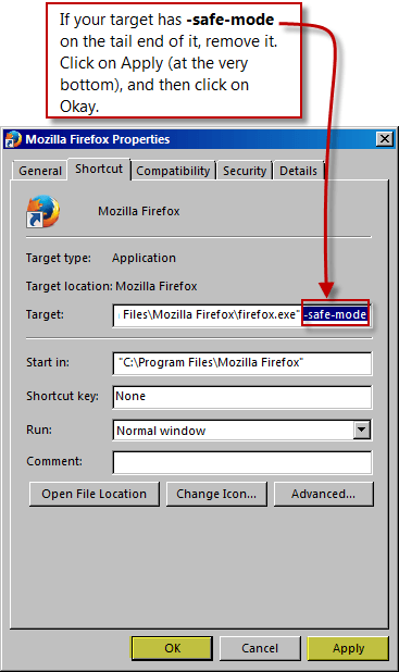 Firefox-застрял в безопасном режиме-удалить безопасный режим из целевого пути