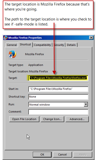 Firefox-застрял-целевой путь-безопасного режима
