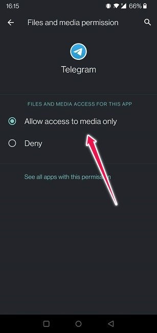 Исправить Telegram, не сохраняющий фотографии. Разрешить доступ только к медиафайлам.