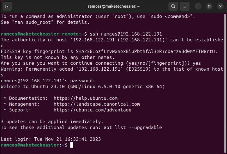 Терминал, показывающий сеанс OpenSSH в Ubuntu.