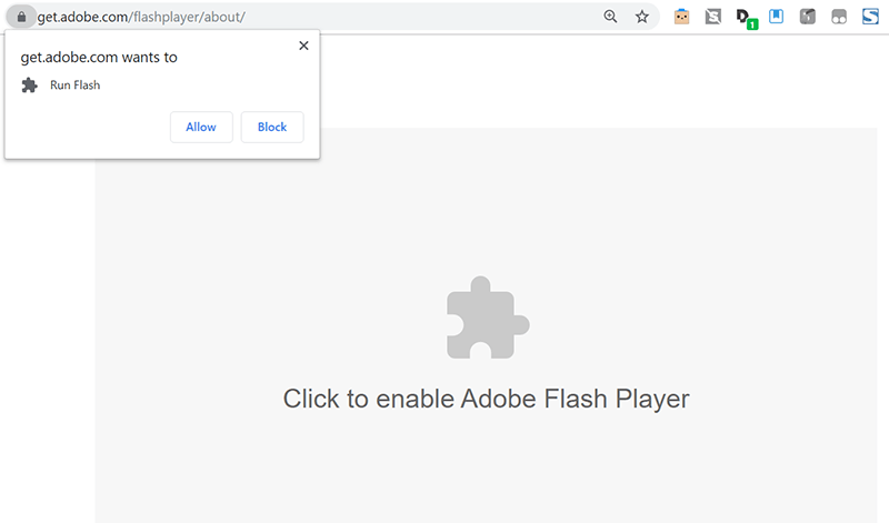 Всплывающее окно с запросом разрешения на включение Flash в браузере Chrome