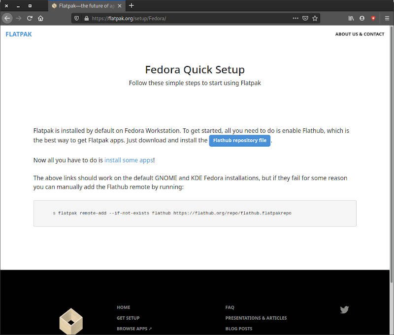 Страница установки Flatpak Fedora
