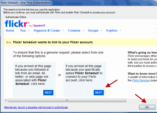 Аутентификация планировщика Flickr для загрузки фотографий