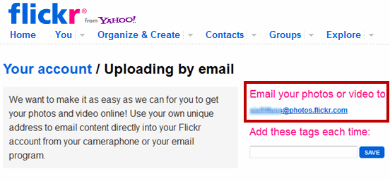 Получить адрес электронной почты для загрузки на Flickr