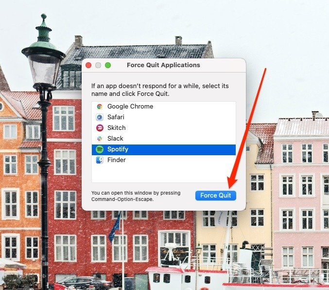 Снимок экрана, показывающий, как принудительно завершить работу на Mac