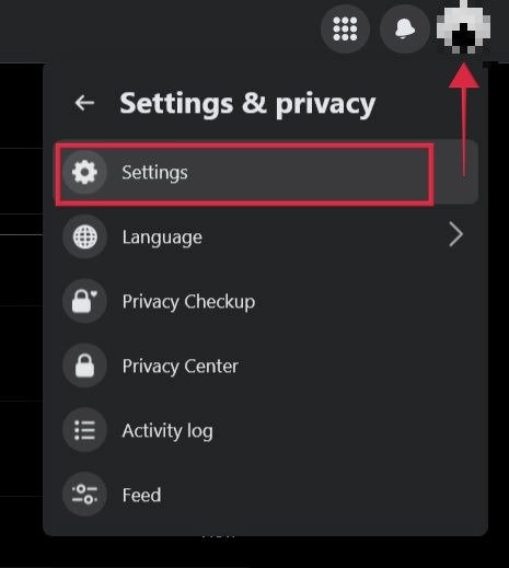 Нажмите «Настройки» в Facebook для ПК.