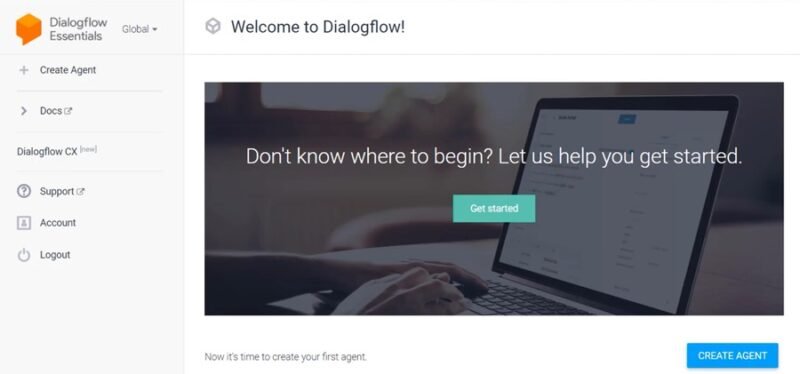 Создание нового агента в Dialogflow.