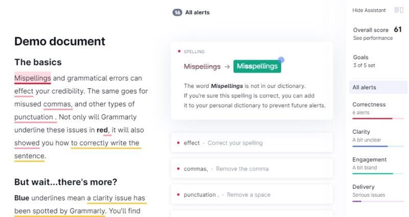 Демонстрационный документ Grammarly, в котором выделены орфографические ошибки.