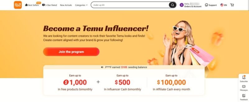 Регистрация в программе Temu Influencer в Интернете.