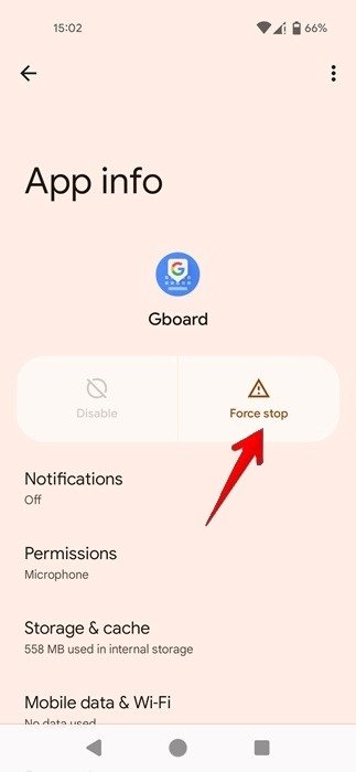 Принудительно остановить приложение Gboard на телефоне Android.