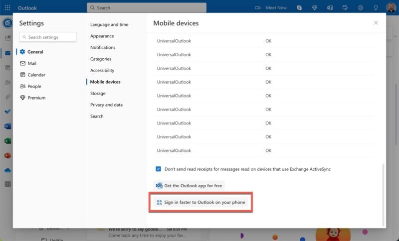 Нажмите «Быстрее войти в Outlook на телефоне» в Outlook в Интернете.