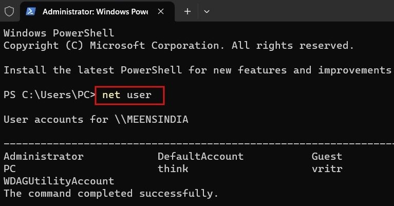 Ввод команды в PowerShell.