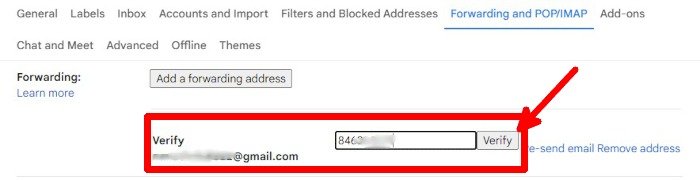 Код подтверждения пересылки веб-настроек Gmail