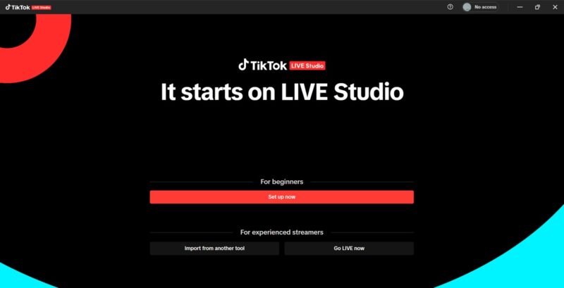 Стартовый экран TikTok LIVE Studio на ПК.