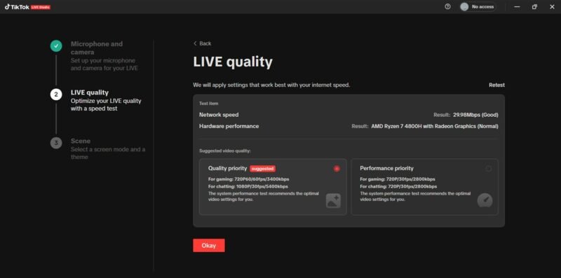 TikTok LIVE Studio проверяет качество LIVE.