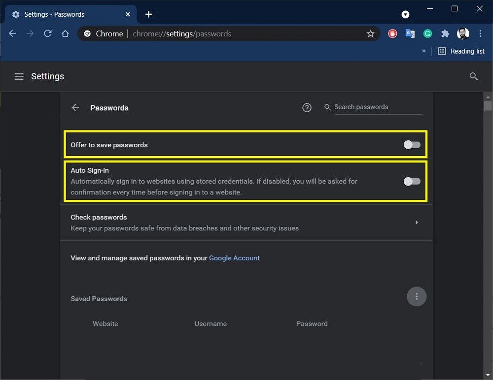 Google Chrome отключить диспетчер паролей