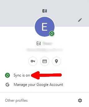 Синхронизация профиля Google Chrome включена