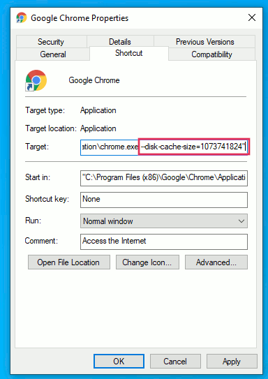 Ярлык Google Chrome для увеличения размера кэша