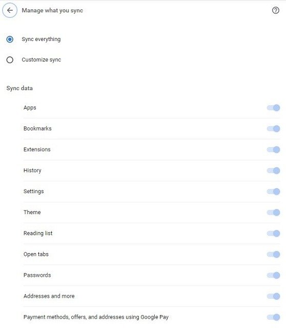 Полные параметры синхронизации Google Chrome