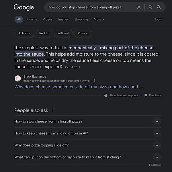 Google вручную удаляет Ai Обзор Ответы Glue Pizza