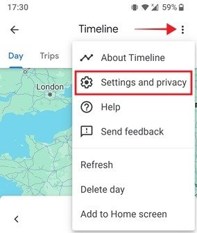 Нажатие на опцию «Настройки и конфиденциальность» для временной шкалы на Картах Google.