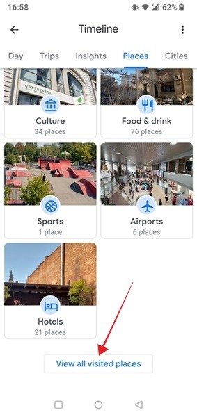 Нажмите кнопку «Просмотреть все посещенные места» в нижней части «Места на временной шкале».