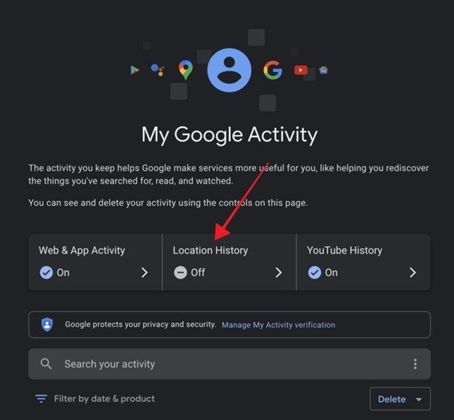 Нажмите «История местоположений» на странице «Моя активность в Google».
