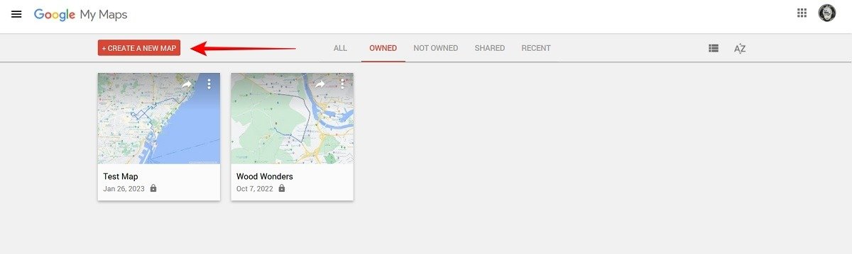 Кнопка «Создать новую карту» в Google Моих картах в Картах Google для ПК.