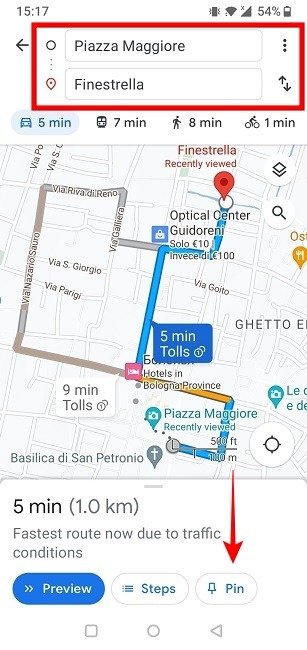 Нажмите кнопку «Закрепить» в нижней части приложения Google Maps.