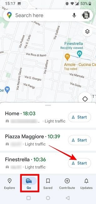 Проверяем сохраненный маршрут на вкладке «Перейти» в приложениях Google Maps.