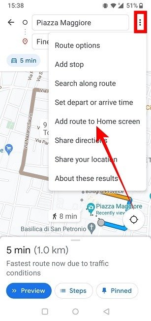 Параметр «Добавить маршрут на главный экран» в разделе «Дополнительно» в приложении Google Maps для Android.