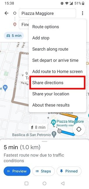 Опция «Поделиться маршрутом» в приложении Google Maps.