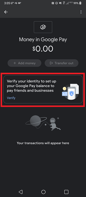 Запустите процесс подтверждения своей личности в Google Pay.