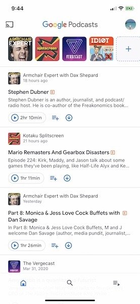 Главный экран Google Подкастов iOS