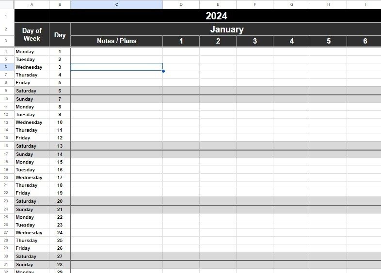 Ежемесячный список шаблонов календаря Google Sheets