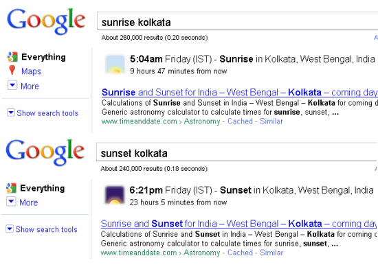 Специальный поиск Google Время восхода и захода солнца